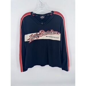 Harley Davidson Long Sleeve Top Women Motorcycle V-Neck Logo Embroidered Sz L